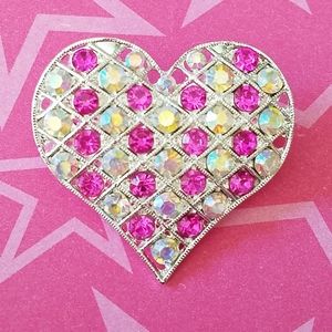 Heart brooch with pink and Aurora Borealis crystal